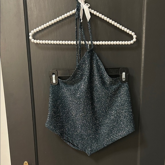 Tops - Sparkly Dark Green and Silver Halter Crop Top